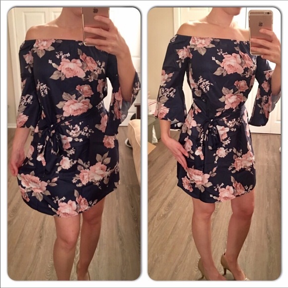 Navy Floral Off the Shoulder Dress ♻️Re-stock - Picture 3 of 5